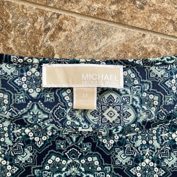 Michael Kors blue/navy/teal lightweight flowy shirt with cinched ruffled bottom - Picture 2 of 4